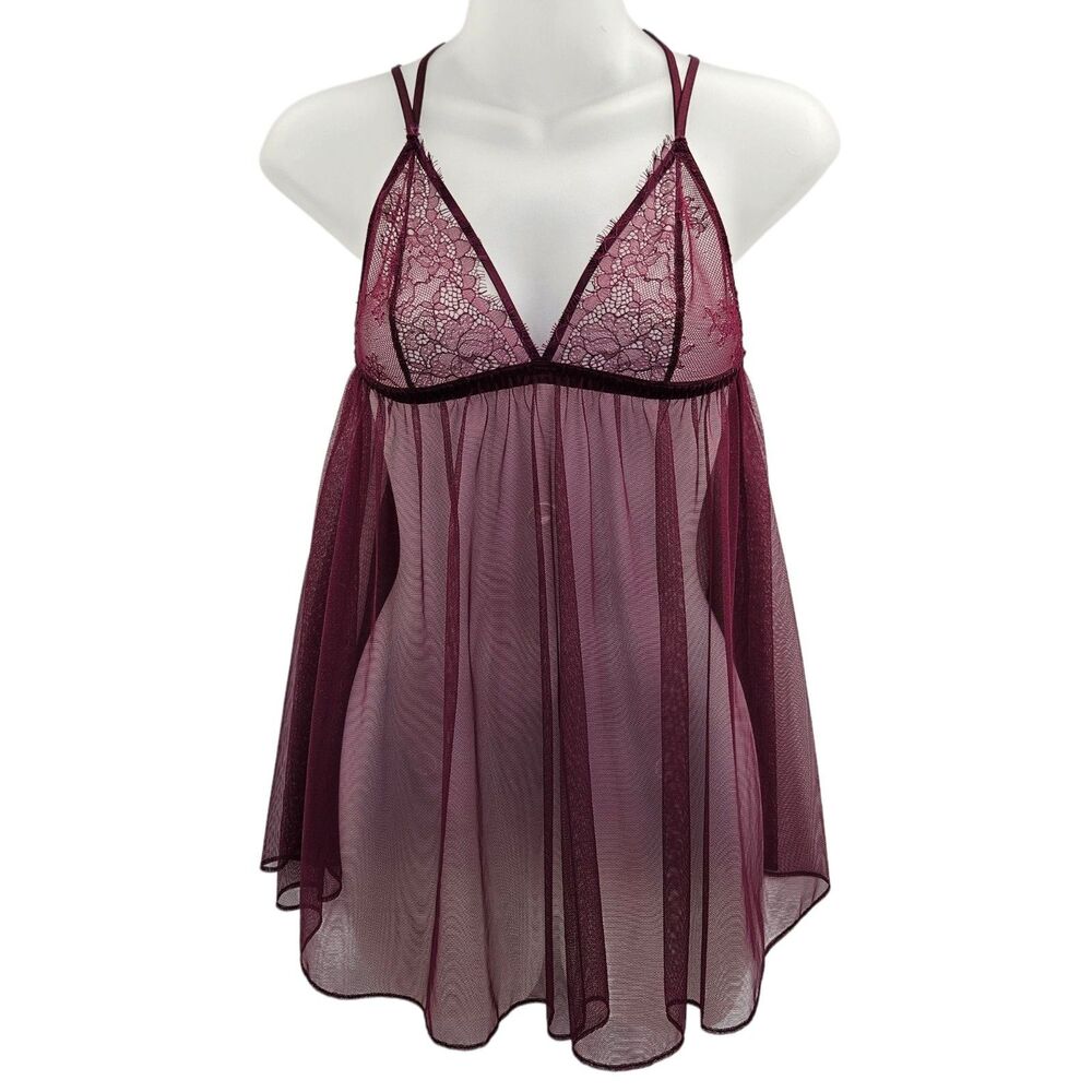 Victoria's Secret Burgundy Sheer Mesh & Lace Babydoll Lingerie Chemise Small